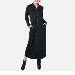 Denim & Co. Heavenly Jersey Petite Long Slv Button-Front Shirt Dress - Black-3XP